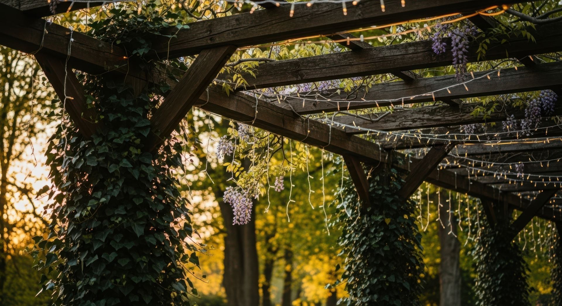 Pergola en bois recouverte de vigne, avec un feuillage vert baigné de soleil au-dessus.