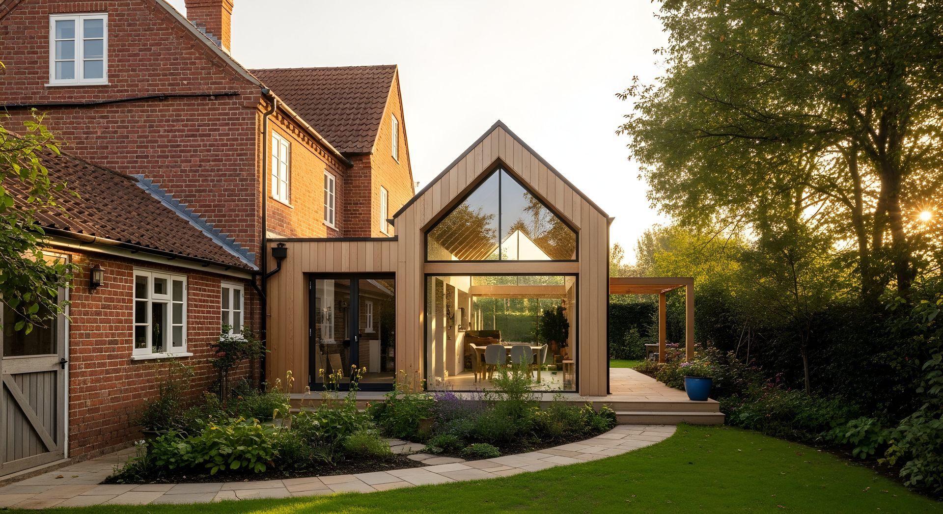 Extension moderne en verre jouxtant une maison en brique, avec de grandes fenêtres, une terrasse et un jardin verdoyant au coucher du soleil.