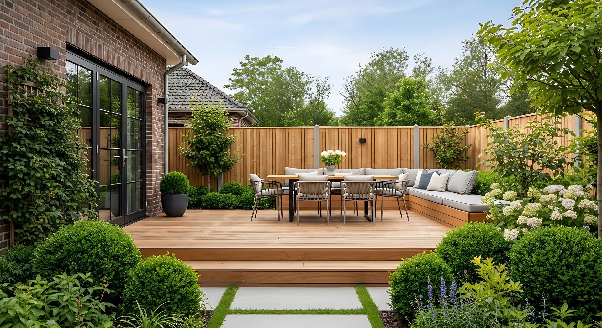 Patio moderne dans un jardin avec terrasse en bois, table à manger extérieure, canapé d'angle et végétation luxuriante entourant une maison en brique.