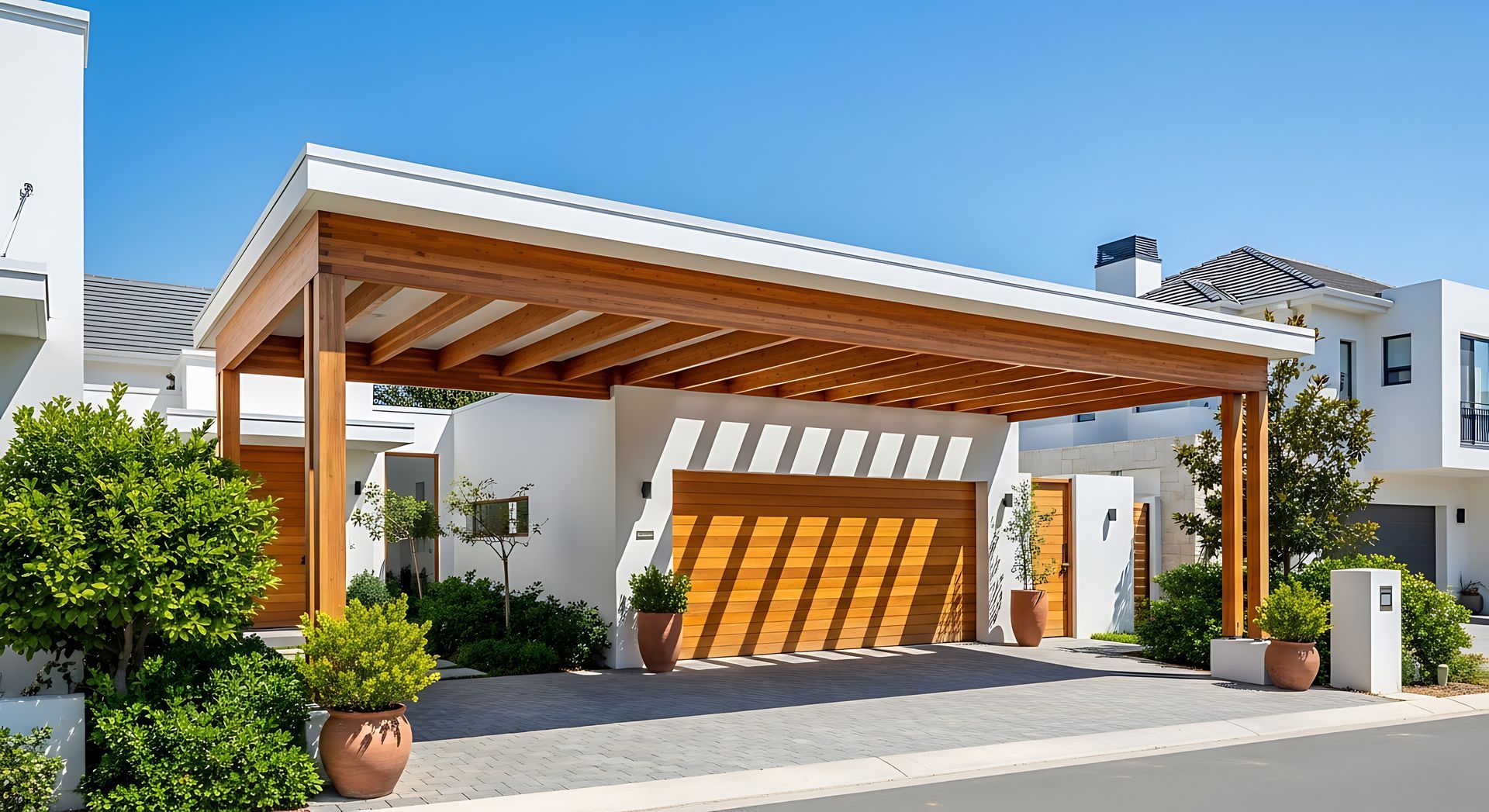 Extérieur de maison moderne avec abri en bois pour voiture, murs blancs et jardin paysager à l'avant.