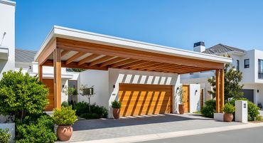 Extérieur de maison moderne avec abri voiture en bois, murs blancs et jardin paysager à l'avant.