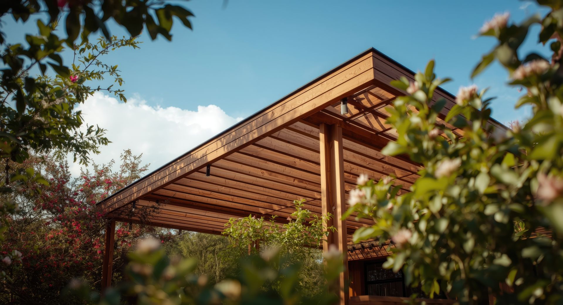 Maison moderne avec un abri voiture en bois, une cour avant paysagée et une allée baignée de lumière naturelle.