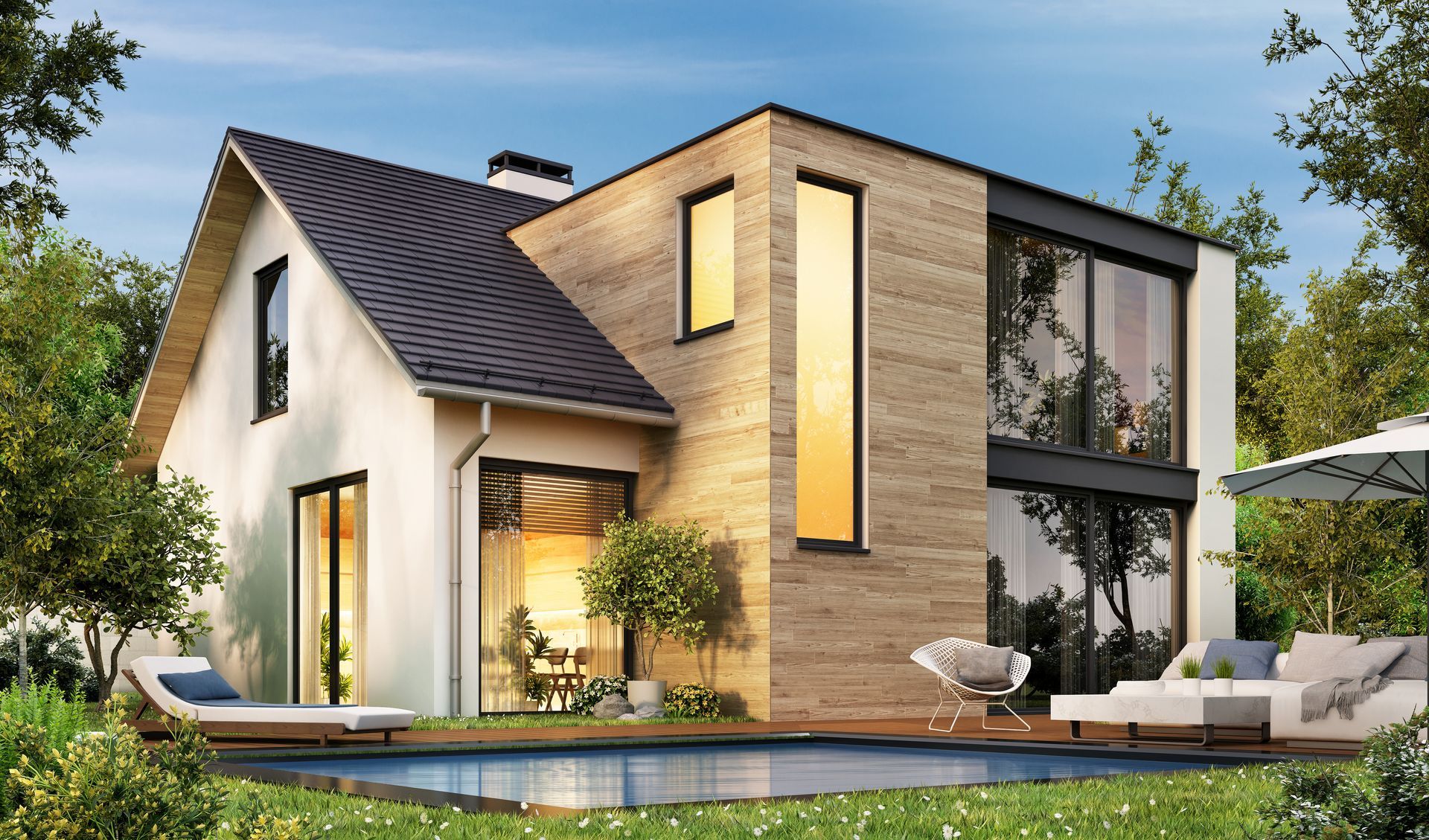 Maison moderne à deux étages avec extérieur en pierre et en bois, grandes fenêtres et terrasse paysagée au bord de la piscine.