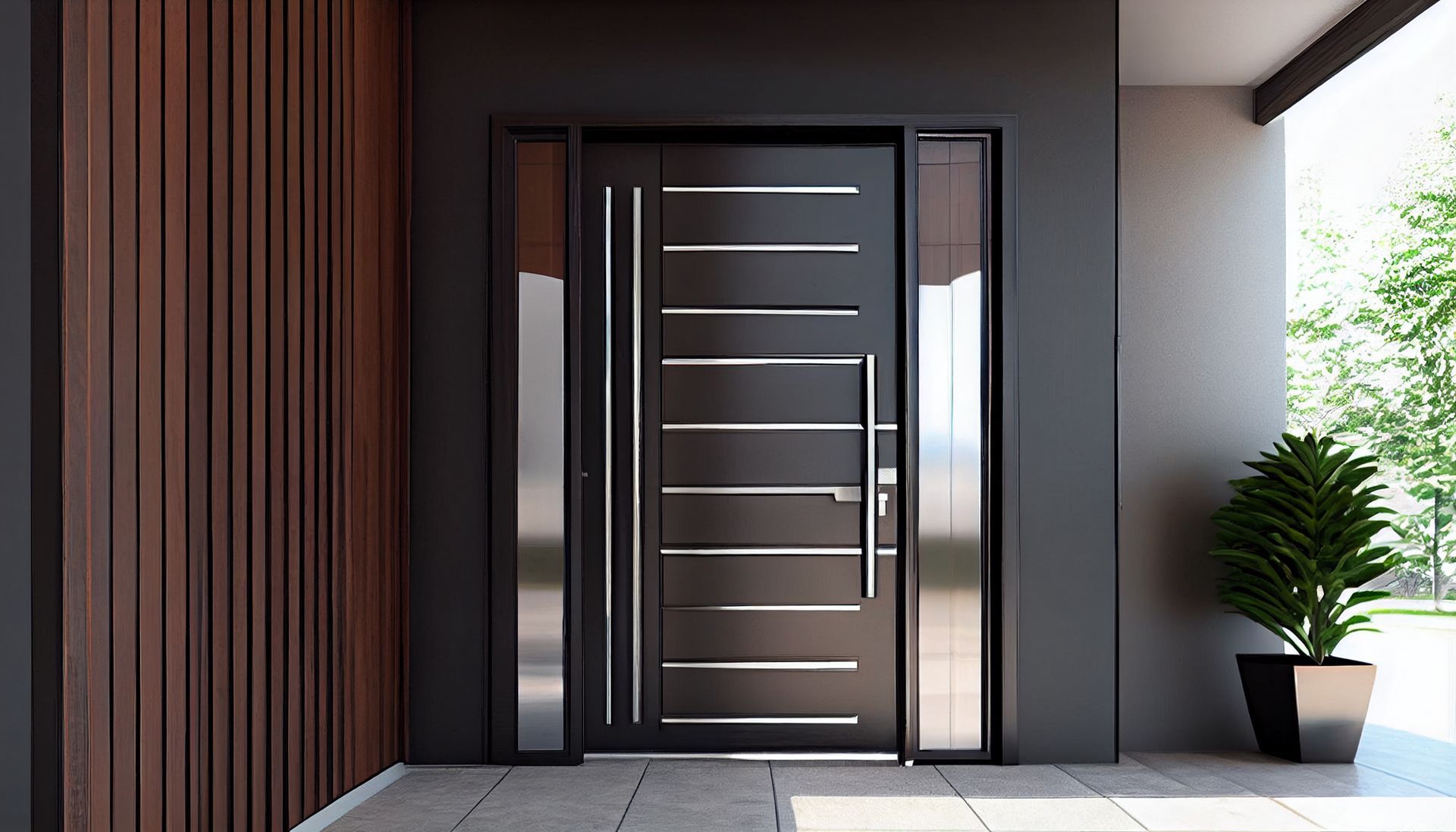 Porte d'entrée moderne avec croisillons horizontaux, encadrée de boiseries sombres et d'une plante en pot sur le porche.