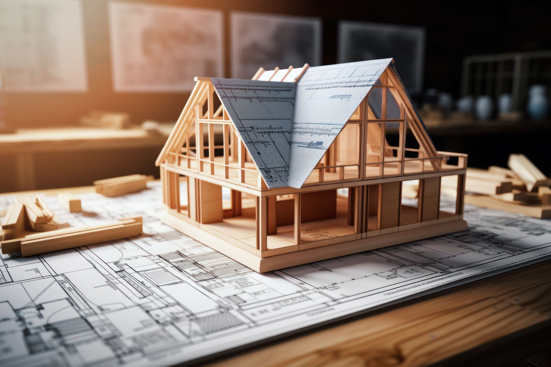 Maquette architecturale d'une maison en bois d'après des plans, avec des outils de dessin sur une table de travail.
