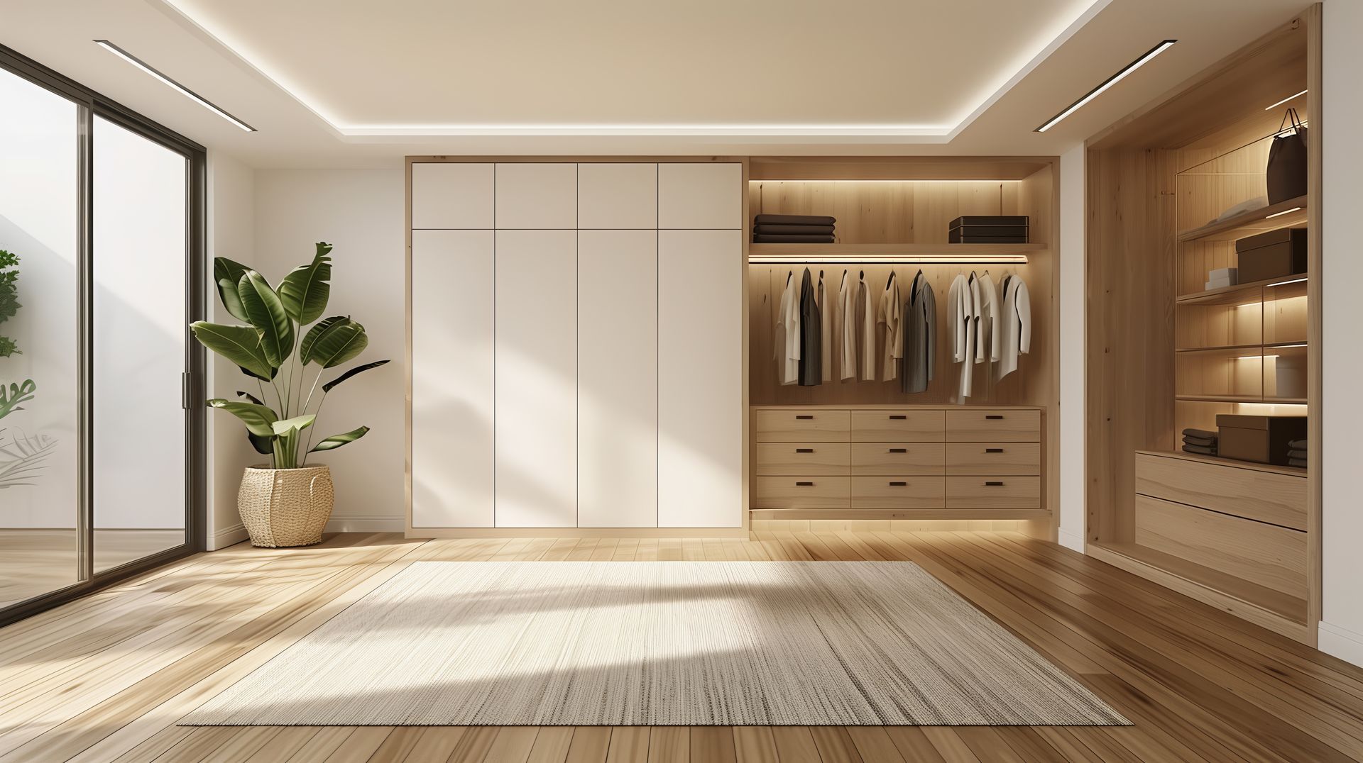 Dressing moderne avec placards intégrés, vêtements suspendus, étagères et un grand tapis dans une pièce lumineuse.