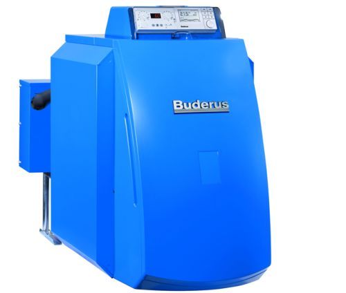 Ein blauer Buderus Kessel auf weißem Hintergrund