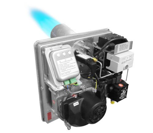 Das Innere eines Gasbrenners, aus dem eine blaue Flamme kommt.