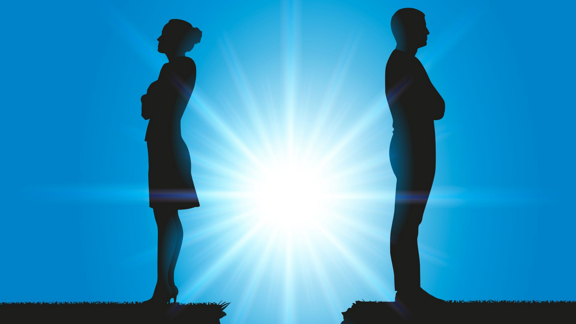 Silhouette de deux personnes dos à dos au-dessus d'un gouffre, lumière vive en arrière-plan.