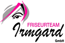 Ein Logo für das Friseurteam Irmgard GmbH mit dem Gesicht und den Haaren einer Frau.