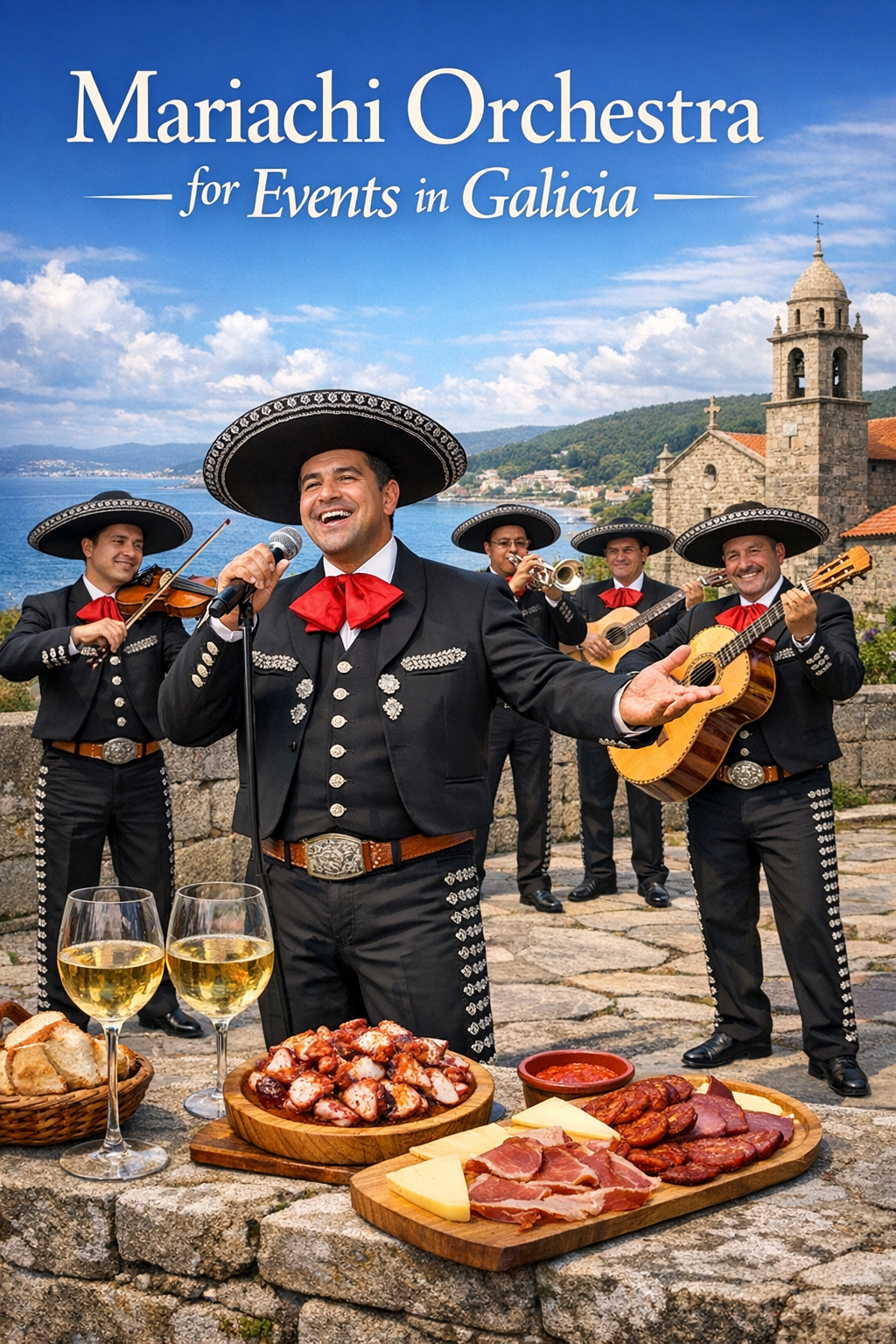 Grupo de mariachis actuando al aire libre en Galicia con comida y vino sobre una mesa, paisaje urbano y catedral al fondo.