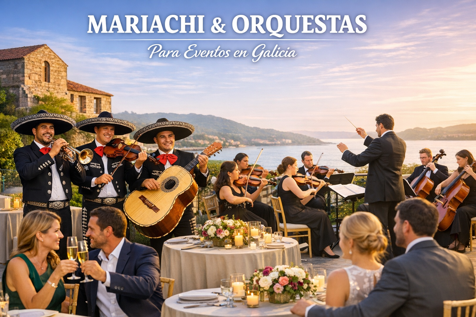 Un grupo de mariachis actúa en la recepción de una boda junto al mar al atardecer, mientras los invitados cenan cerca.