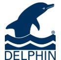 Blauer Delfin springt aus dem Wasser; „DELPHIN“-Logo.