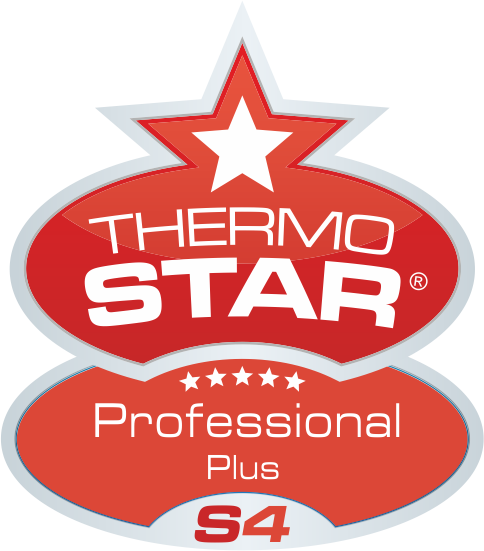 Thermo Star Professional Plus S4 Logo, rot und weiß, Stern- und Ovalformen.