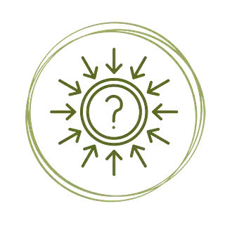 Icono circular verde con flechas que apuntan hacia adentro, hacia un signo de interrogación central.