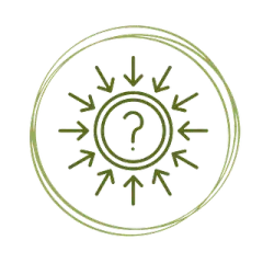 Icono circular verde con flechas que apuntan hacia adentro, hacia un signo de interrogación central.