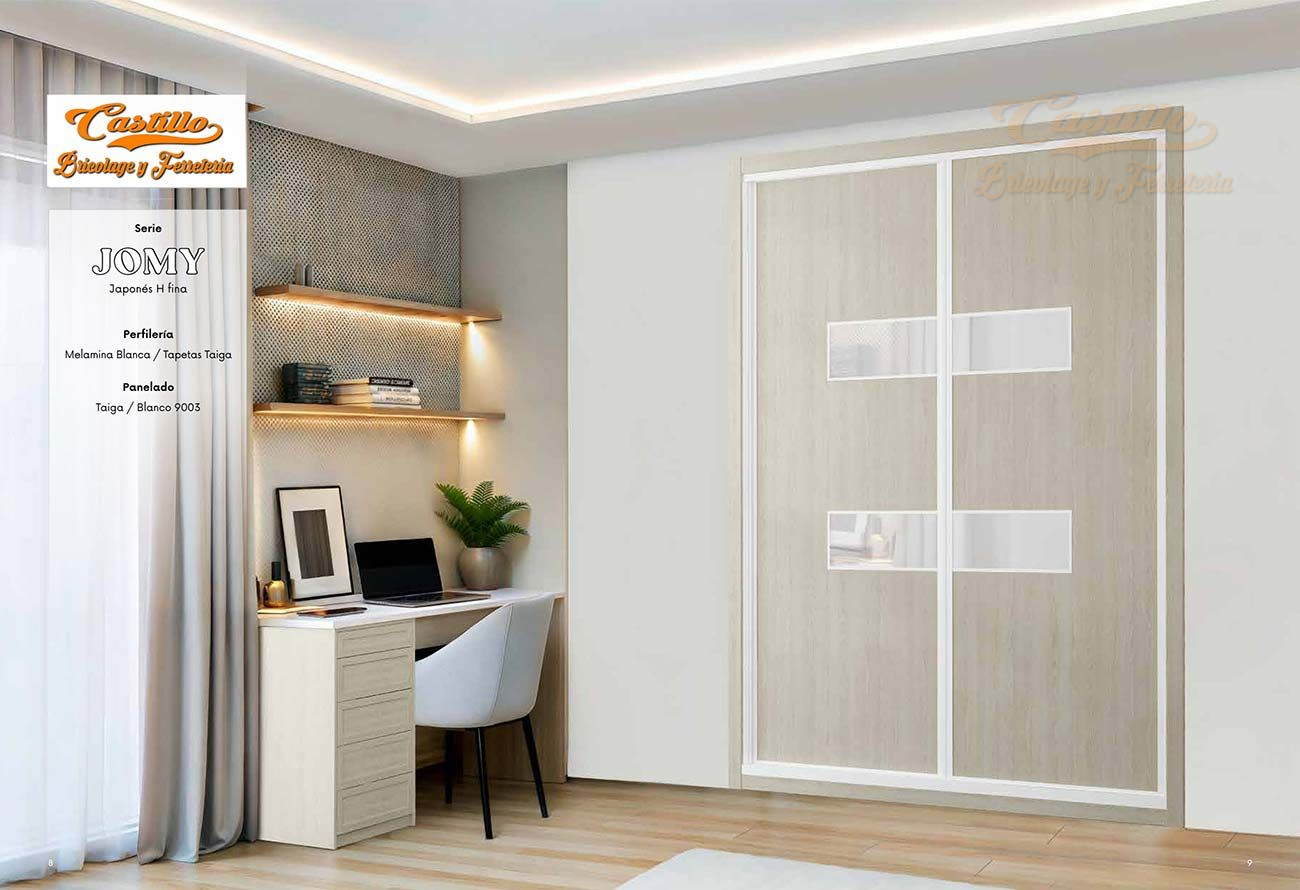 Dormitorio con armario empotrado, escritorio y estanterías; colores neutros, detalles en madera, diseño moderno.