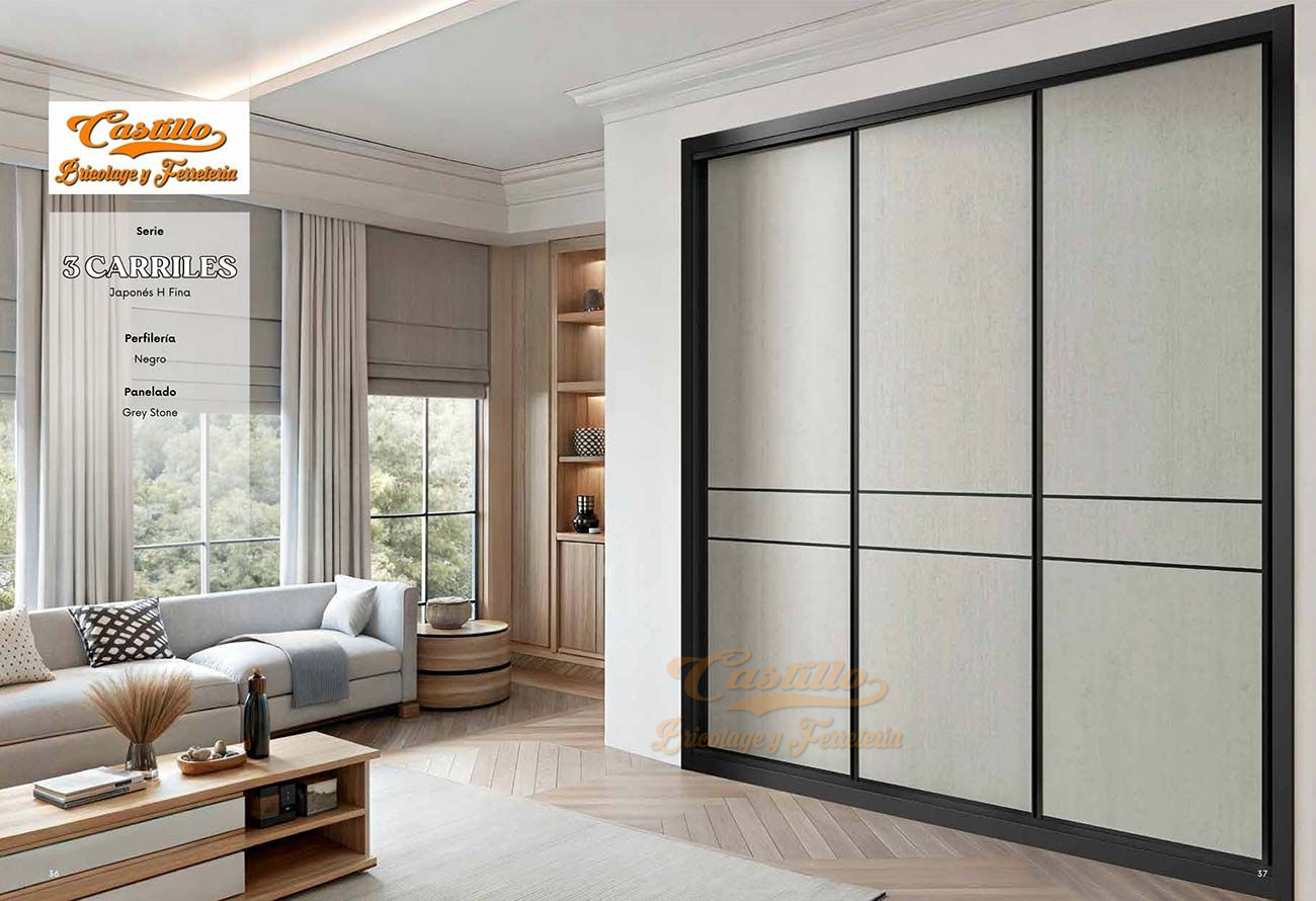 Armario blanco moderno con detalles en negro en un ambiente de sala de estar.