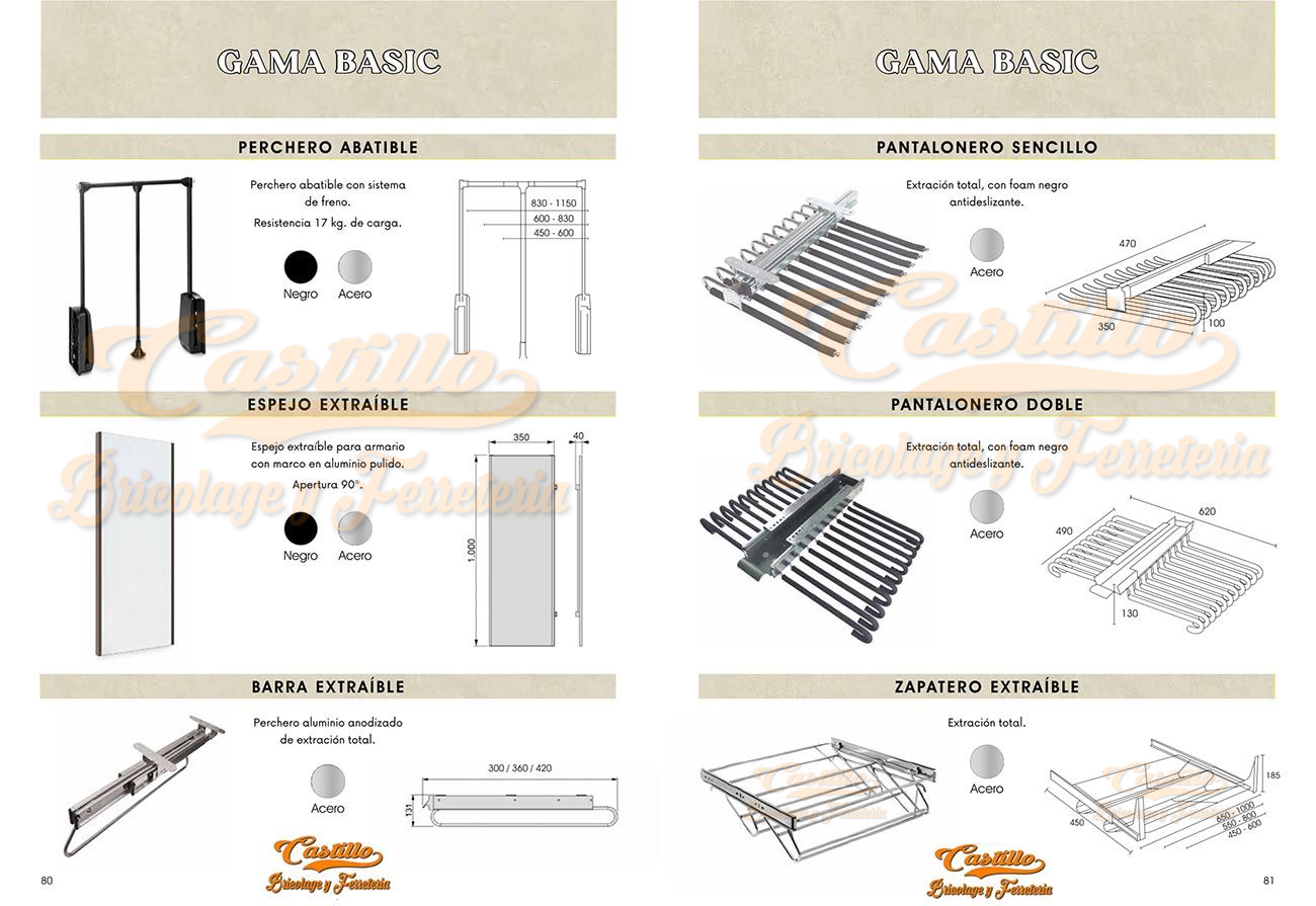 Catálogo de productos con imágenes de diversas soluciones de almacenaje para armarios en color negro y plata.