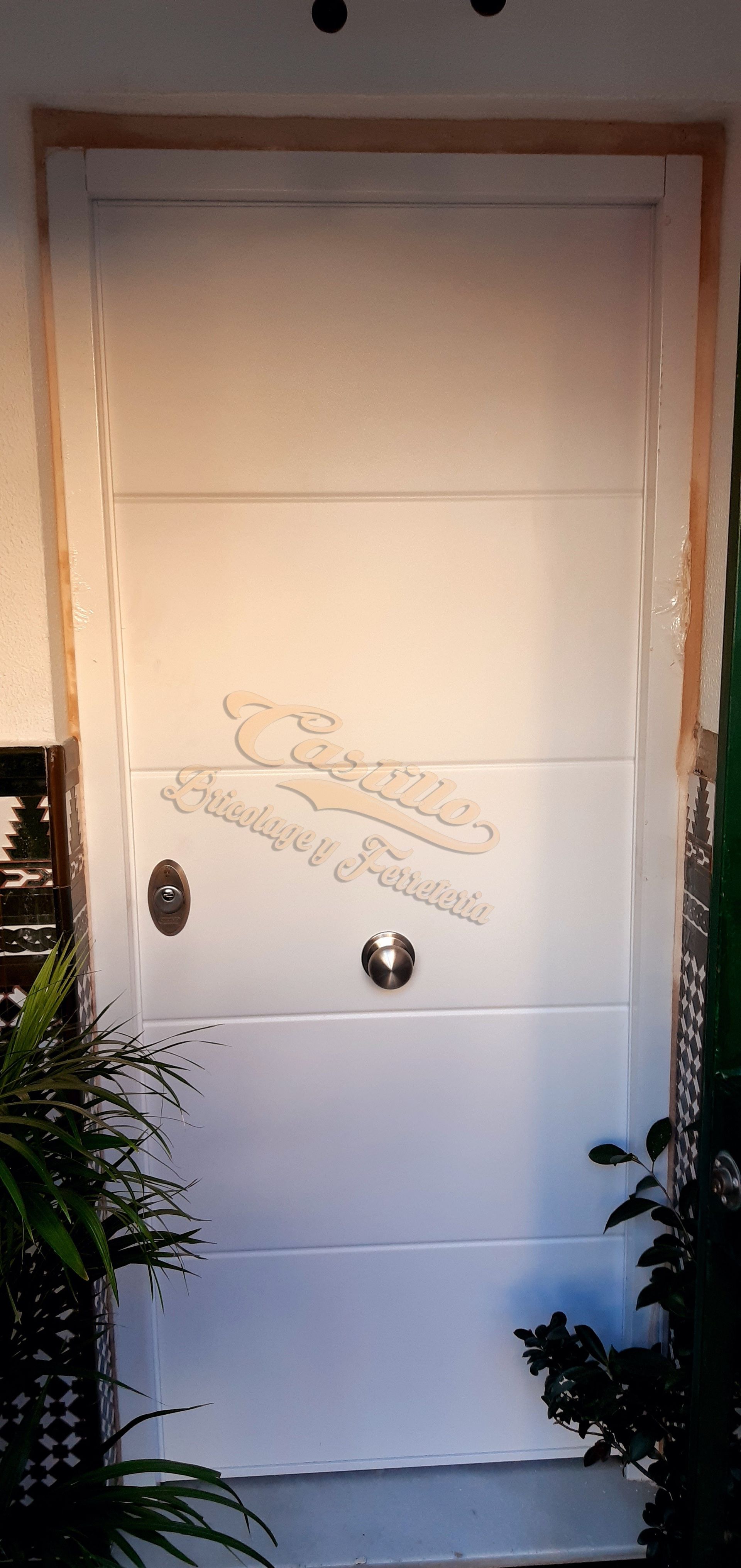 Una puerta blanca con un llamador está al lado de una planta.