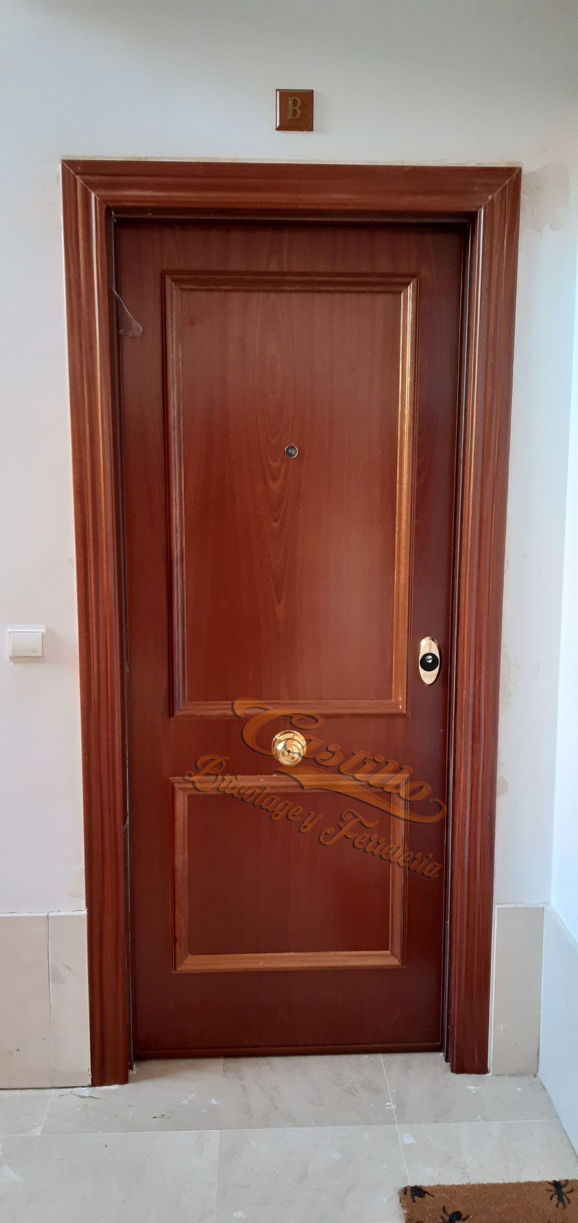 En un pasillo hay una puerta marrón con detalles dorados.