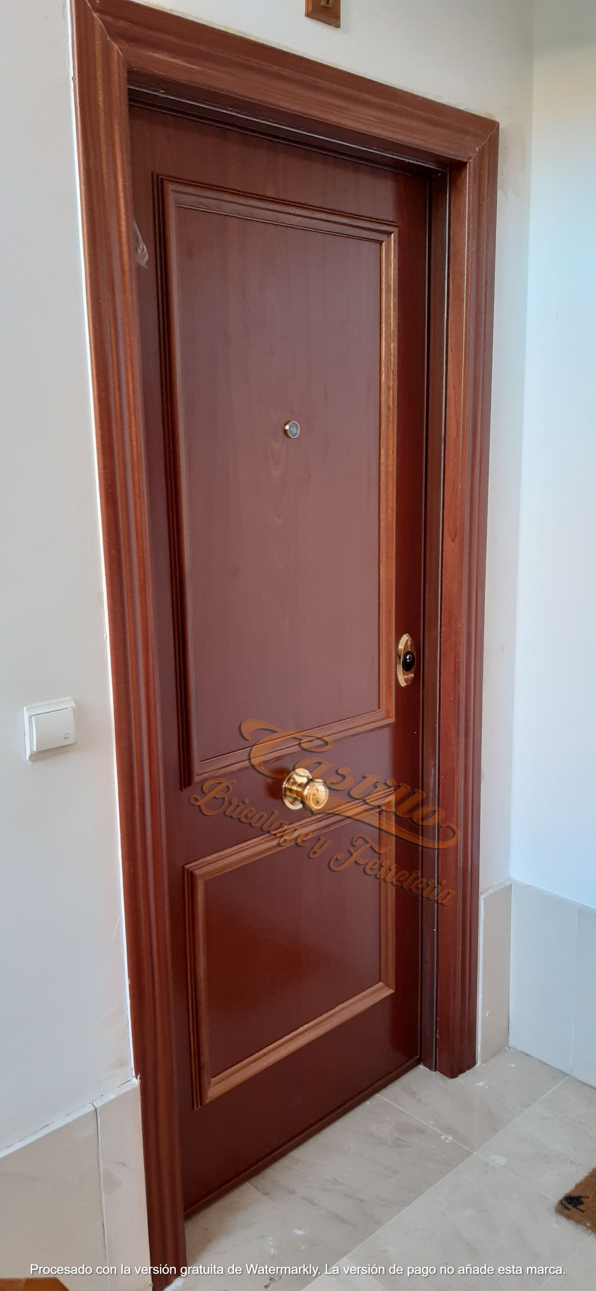 En un pasillo hay una puerta marrón con tirador dorado.