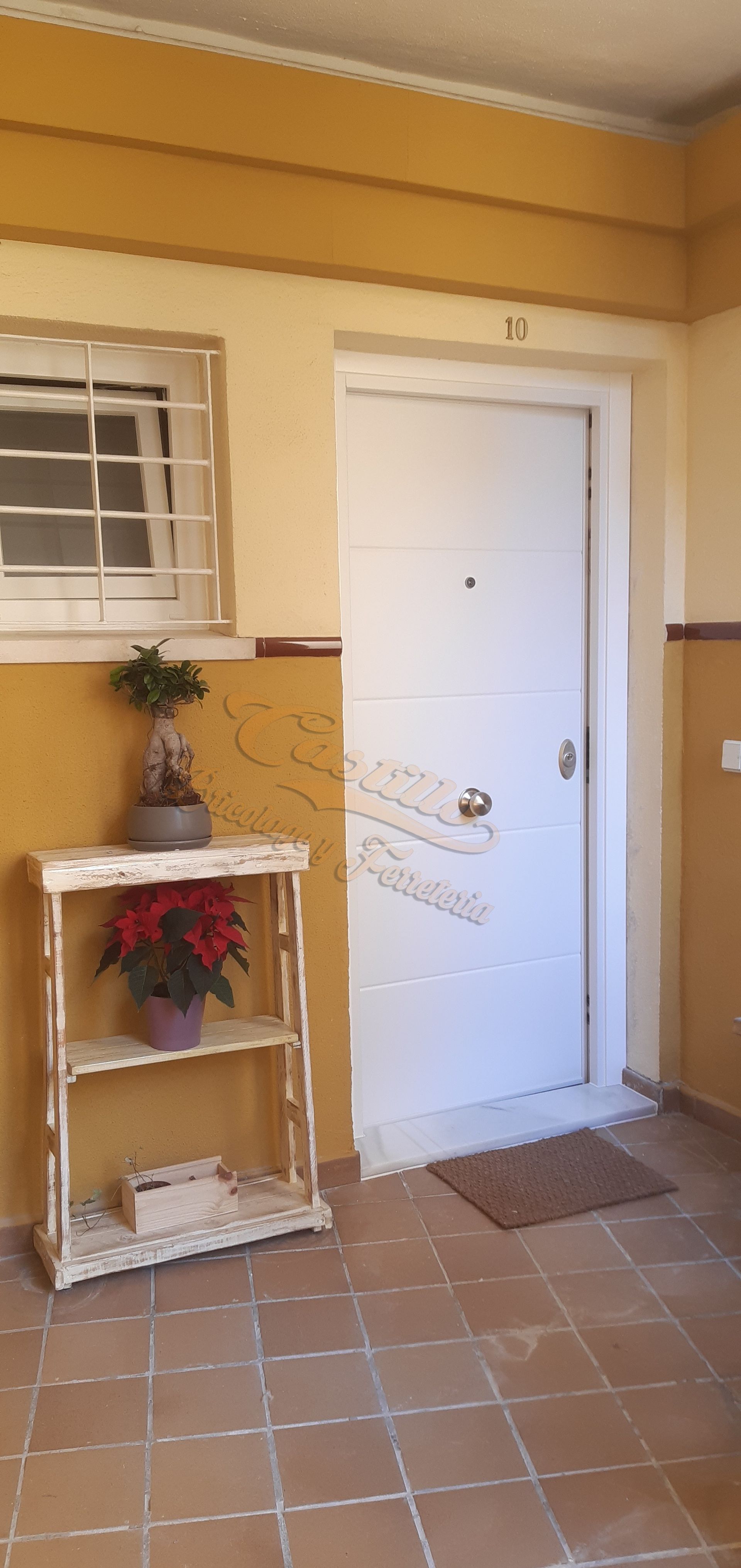 Una habitación con una puerta blanca y un estante con una planta encima.