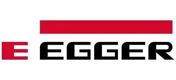 Un logotipo rojo y negro para e-egger sobre un fondo blanco.