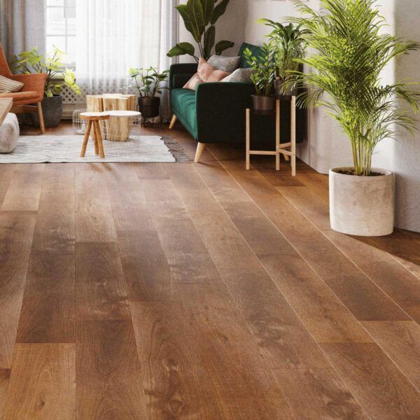 Suelo de madera en salón, plantas, sofá verde y luz natural procedente de una ventana.