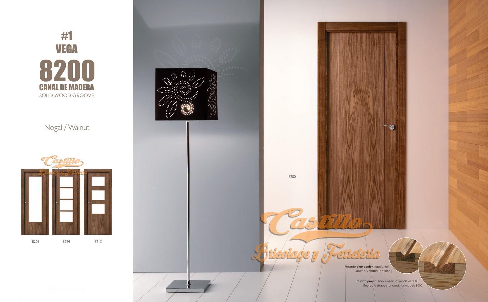 Exhibición de puerta interior con lámpara; se muestran varios estilos de puerta, detalles de veta de madera, tonos claros/oscuros.