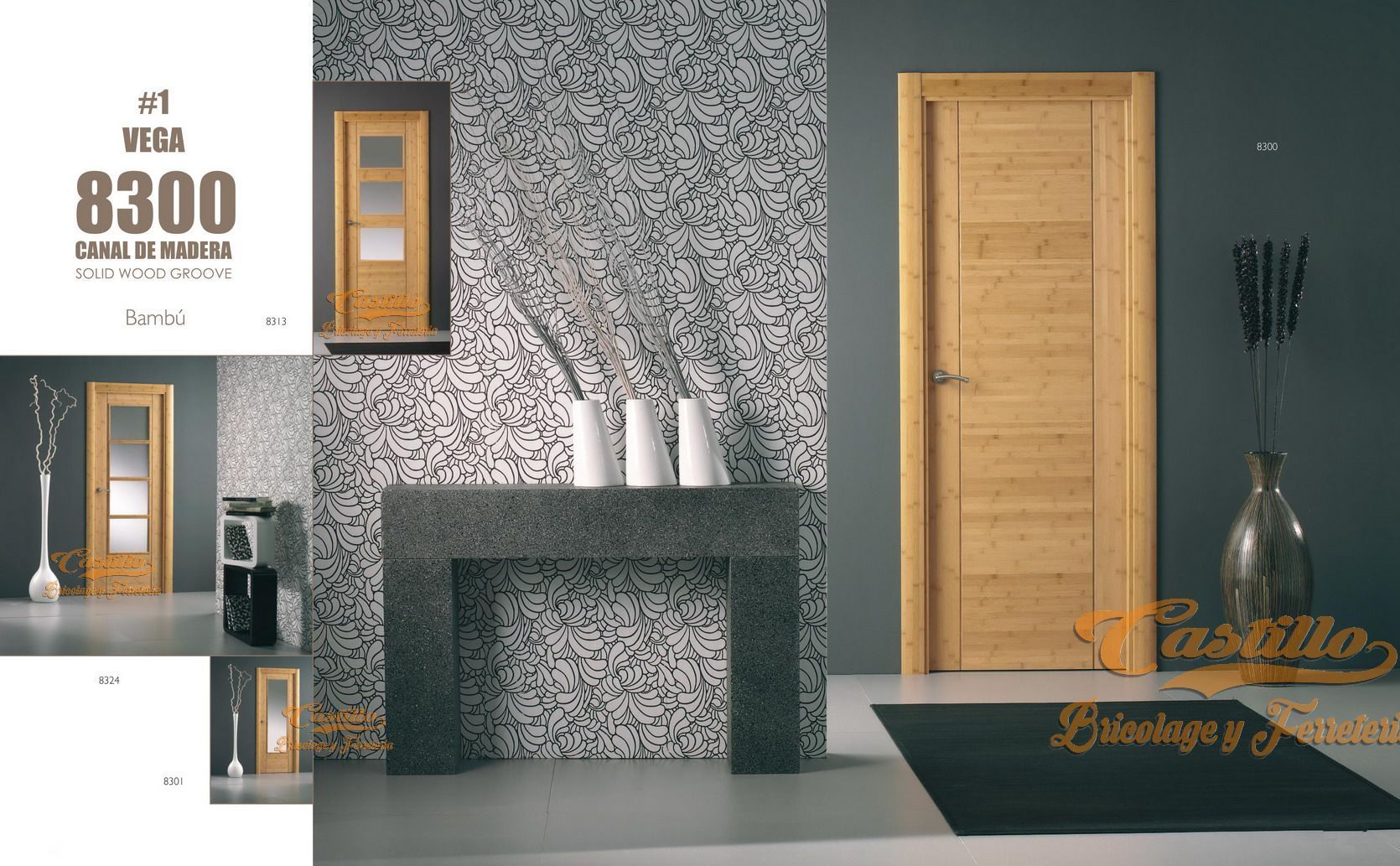 Interior con puertas de madera, pared de azulejos, mesa de piedra, jarrones decorativos y alfombra.