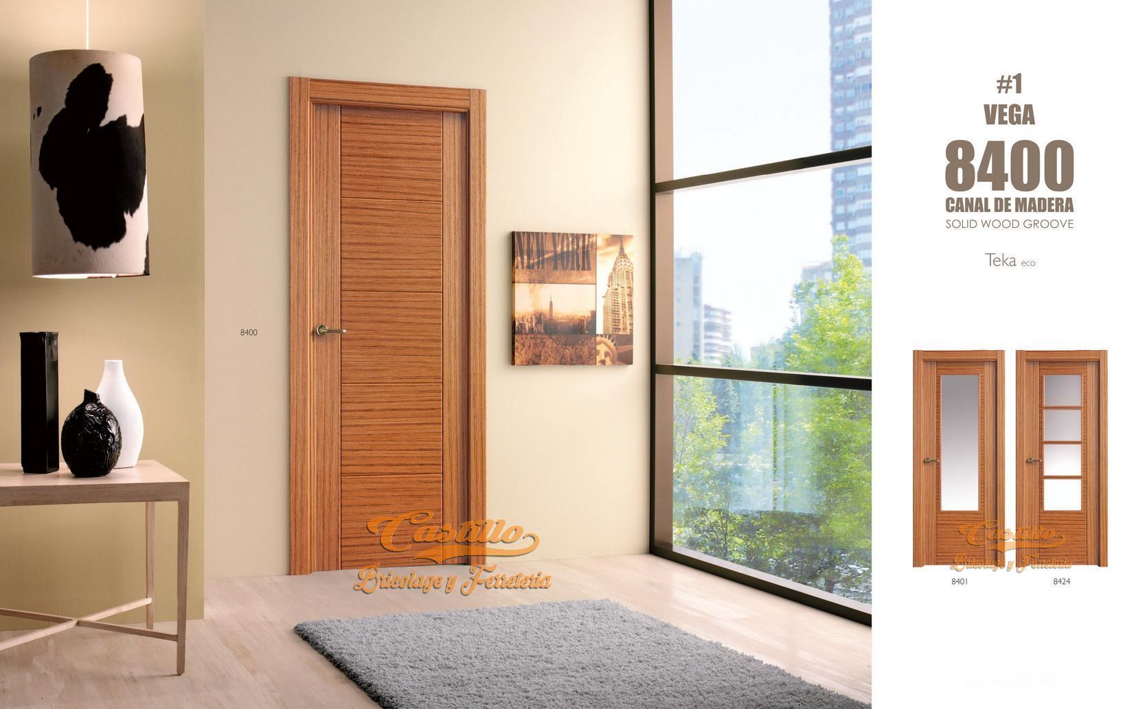 Puerta interior de madera con líneas horizontales, obra de arte, alfombra, mesa y ventana con vista a un paisaje urbano.