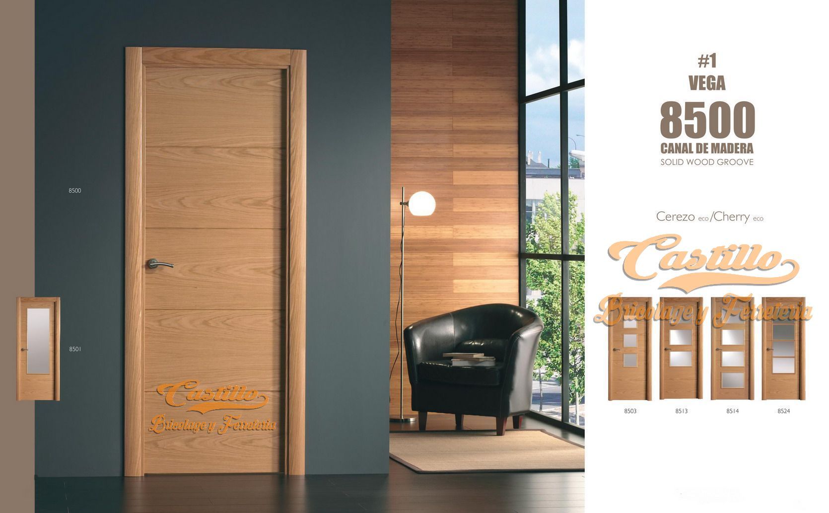 Puerta interior de madera, estilo moderno. Diseño de una habitación: paredes oscuras, sillón de cuero y ventana grande.