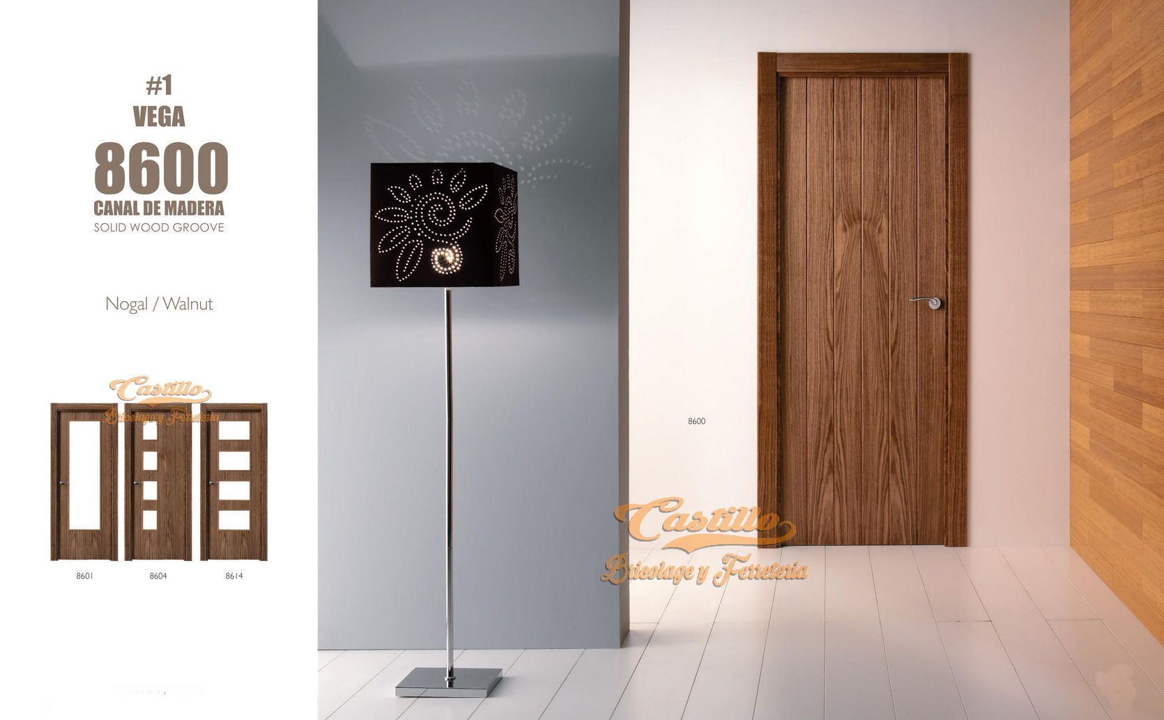 Escena interior con una puerta de madera, una lámpara y opciones de estilo de puerta.