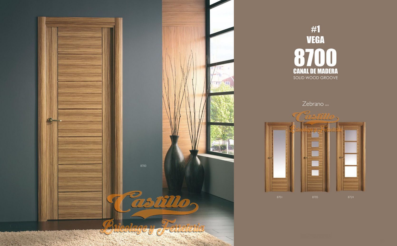 Puerta interior de madera en exposición con otros diseños de puertas, tonos marrones.