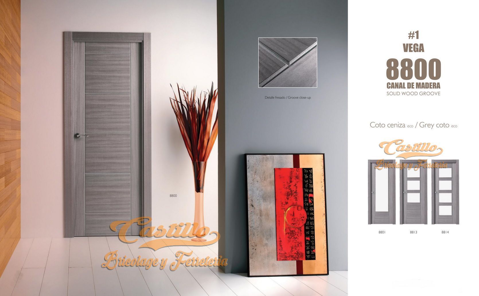 Exhibición de puerta interior con arte moderno y jarrón con flores secas. Color gris.