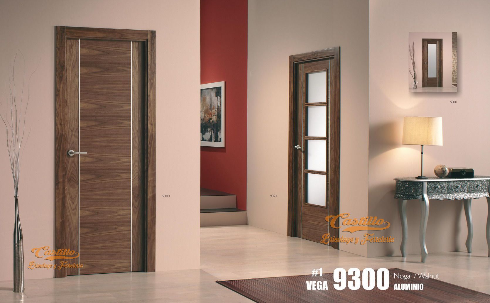 Dos puertas interiores: veta de madera y cristal, en un entorno hogareño.