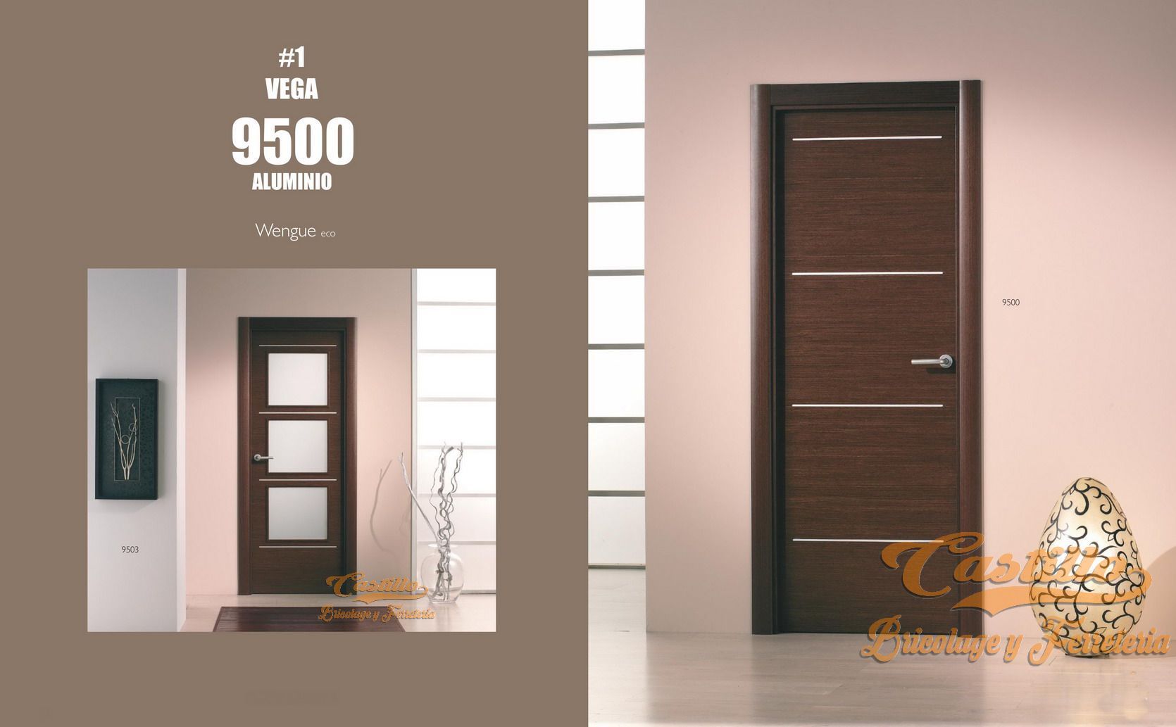 Dos puertas de color marrón oscuro con diseños modernos, una con paneles de vidrio y la otra con rayas horizontales.