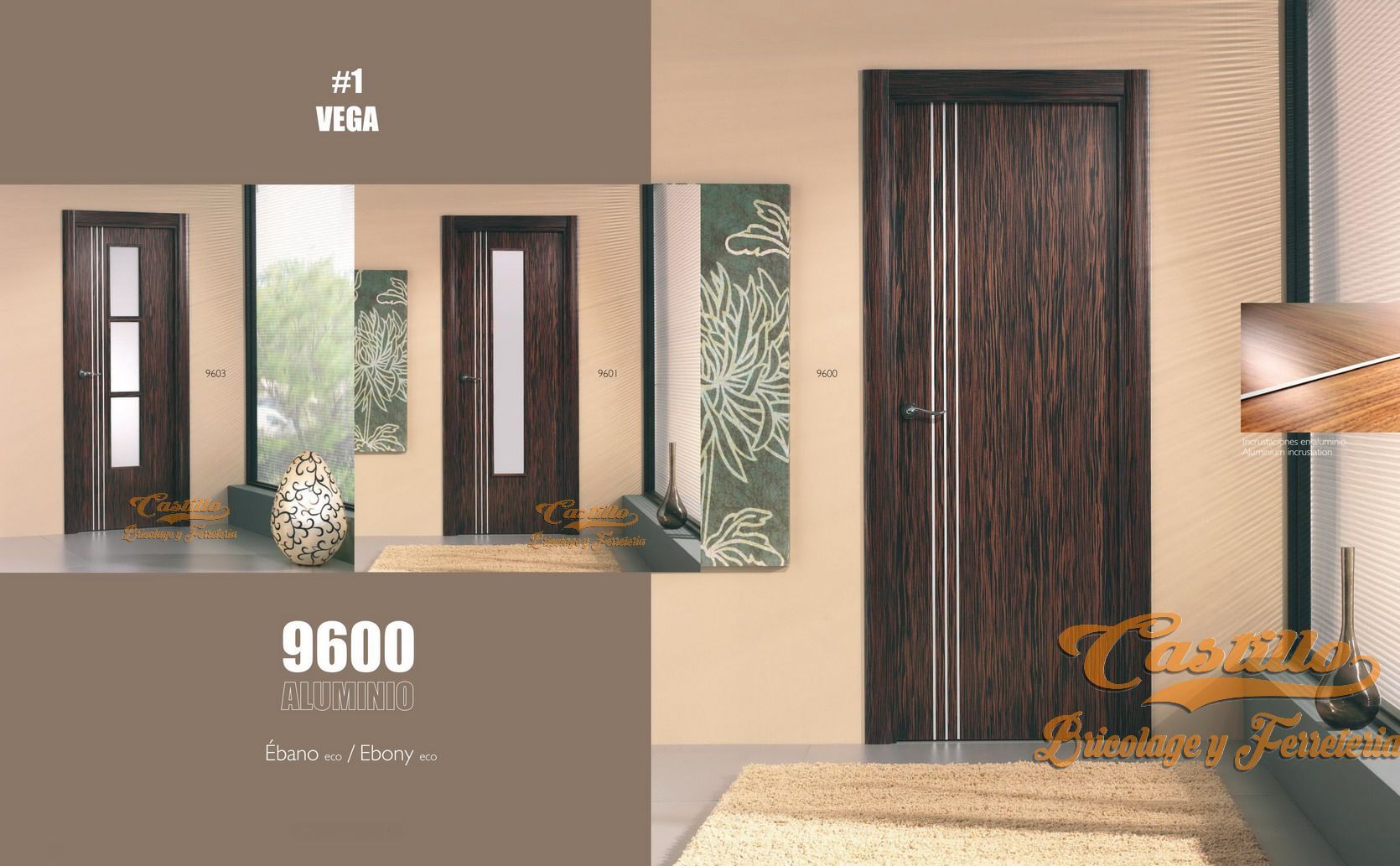 Puertas interiores en exhibición; acabado de veta de madera, estilos variados e incrustaciones de vidrio.