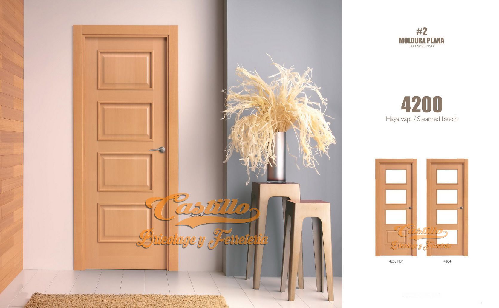 Puerta de madera con tres paneles, hierbas altas en un jarrón sobre una mesa, gráfico de catálogo.