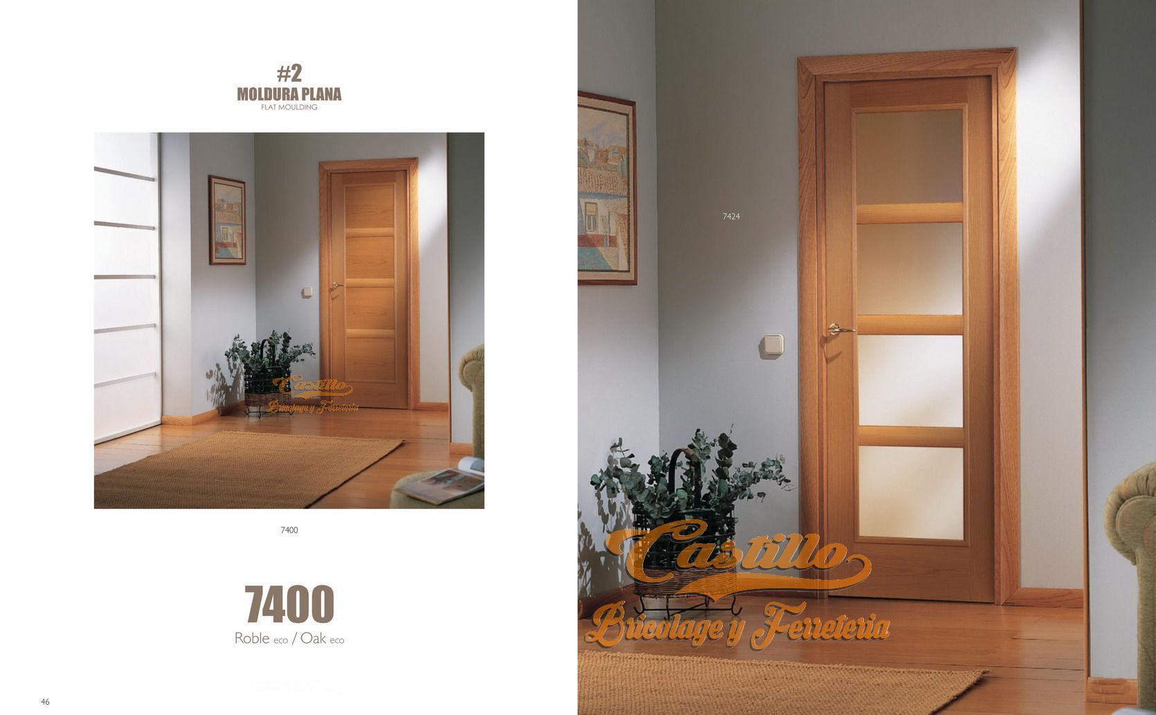 Puertas de madera: vista interior, modelo 7400, tres paneles de vidrio esmerilado, marco de madera, entrada y vista de cerca.