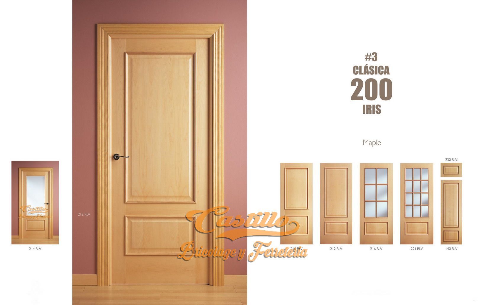 Puerta de madera con un diseño clásico, que presenta un panel grande y un panel más pequeño en la parte inferior; al lado se muestran varios estilos de puertas.