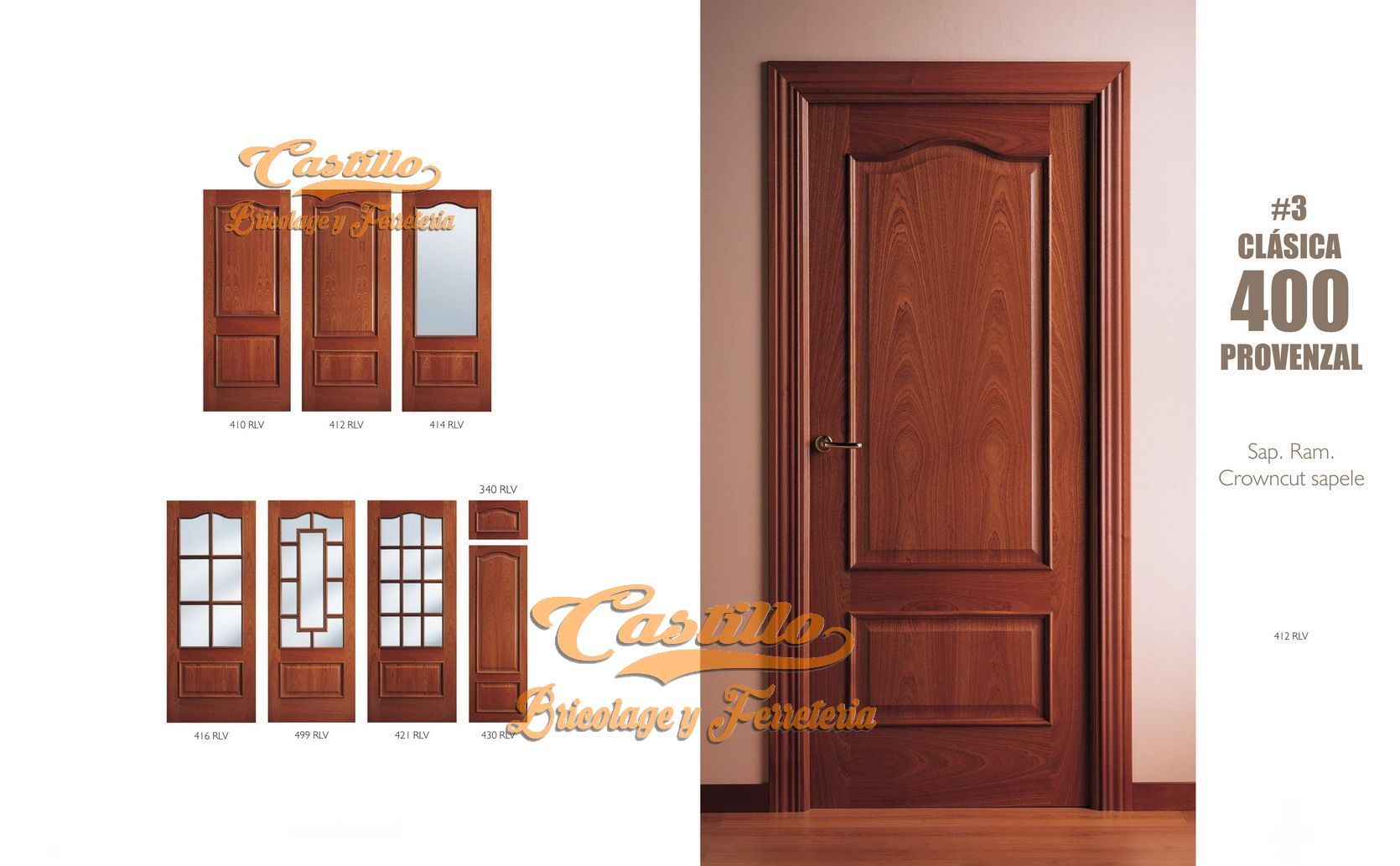 Puerta de madera de diseño clásico. Color marrón, paneles laterales y parte superior curvada.