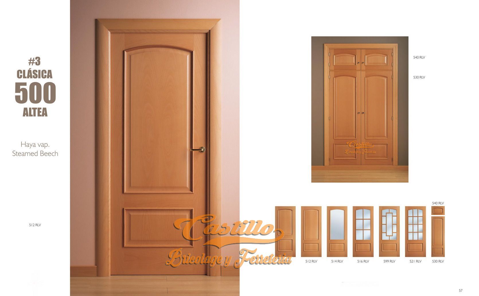 Puerta interior de madera con panel superior arqueado, exhibición de productos con estilos de puertas adicionales.