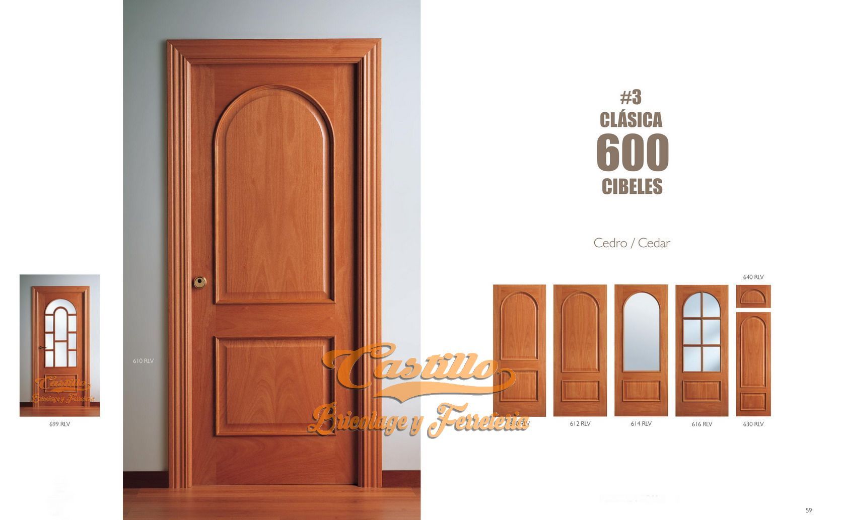 Puerta interior de madera con panel superior arqueado y panel inferior elevado, en diseño de catálogo.