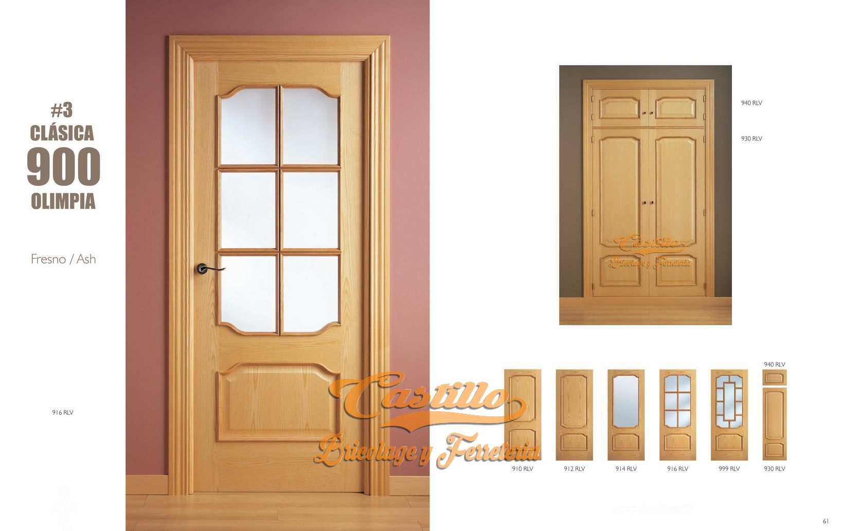 Puerta de madera con cristales y molduras decorativas, muestras de puertas y marcos en varios estilos.