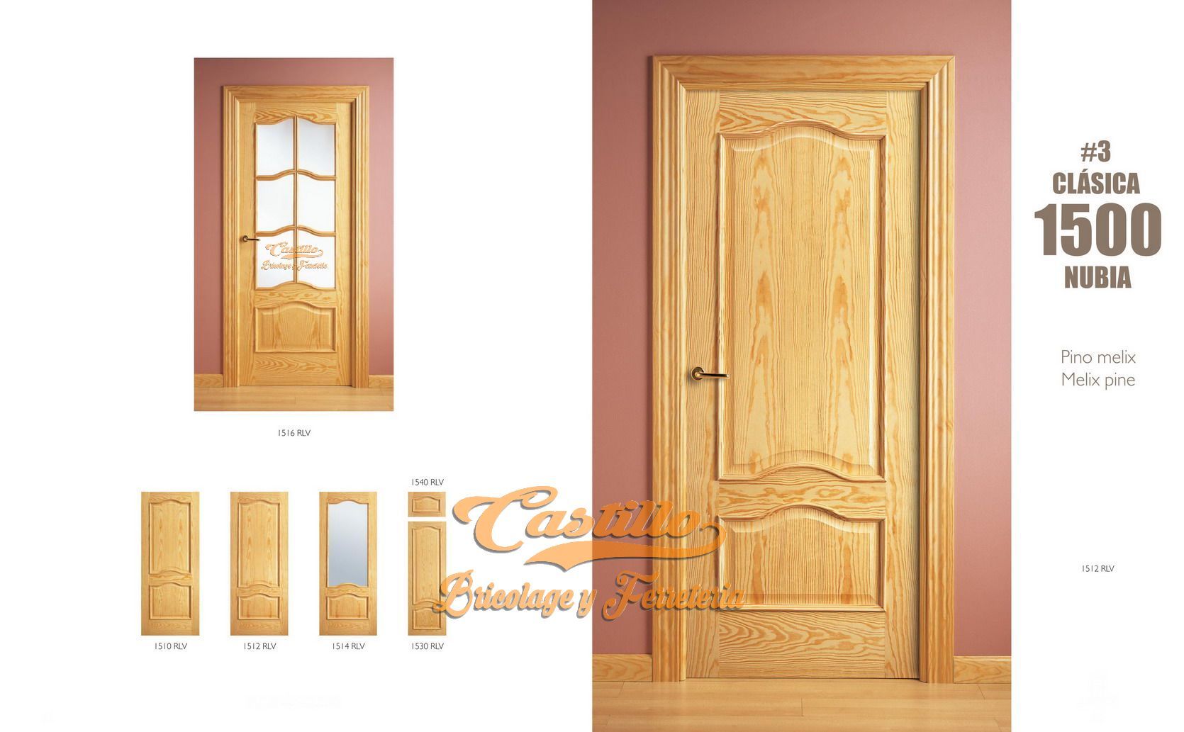 Puertas interiores de madera; varios estilos, tonos cálidos de madera.