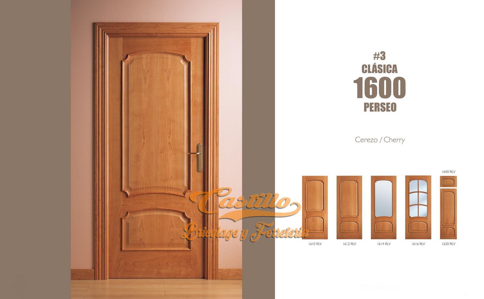 Puerta de madera con paneles decorativos, catálogo de productos que muestra diferentes estilos de puertas.