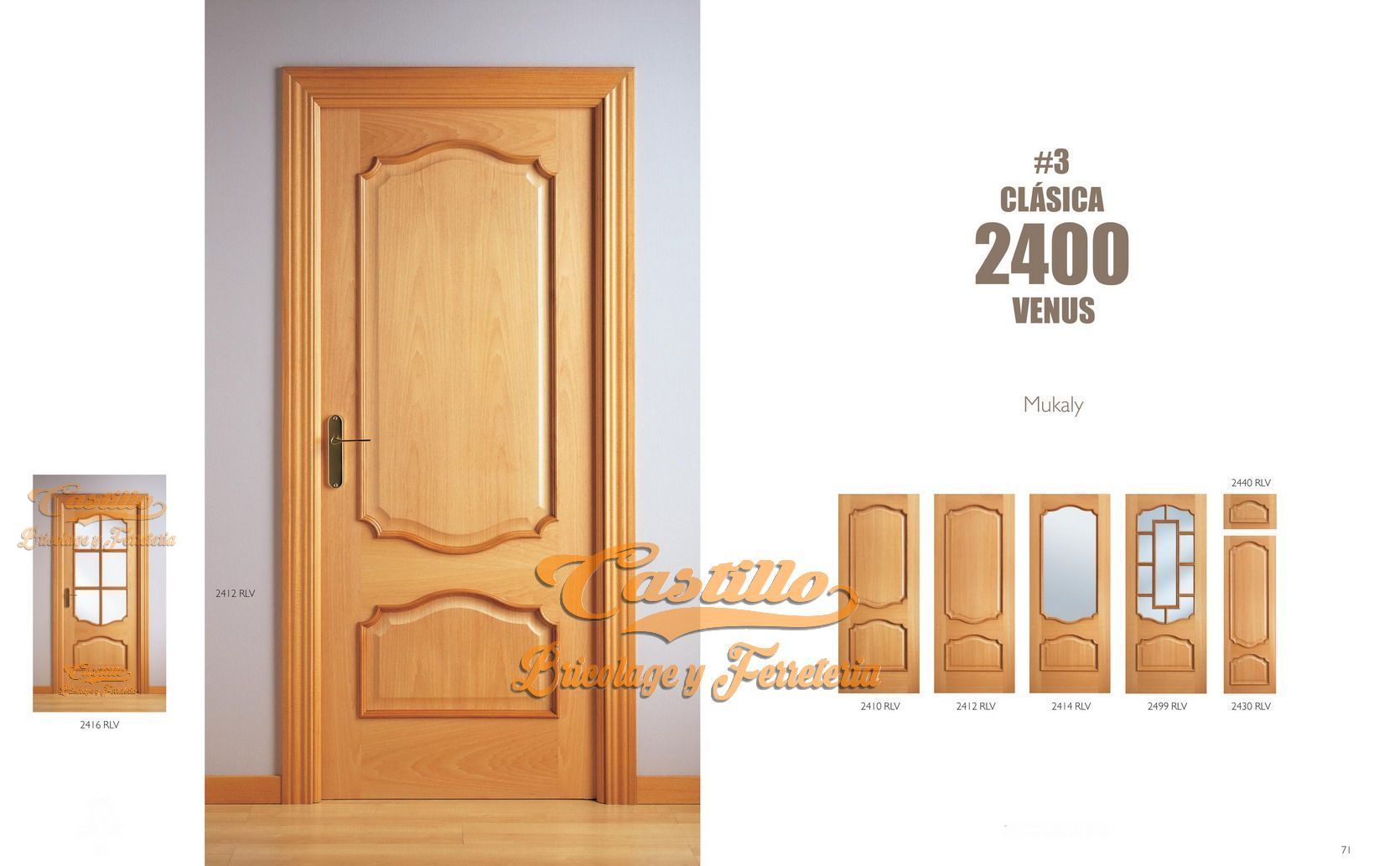Puerta interior de madera con panel decorativo, junto a un catálogo de otros diseños de puertas.