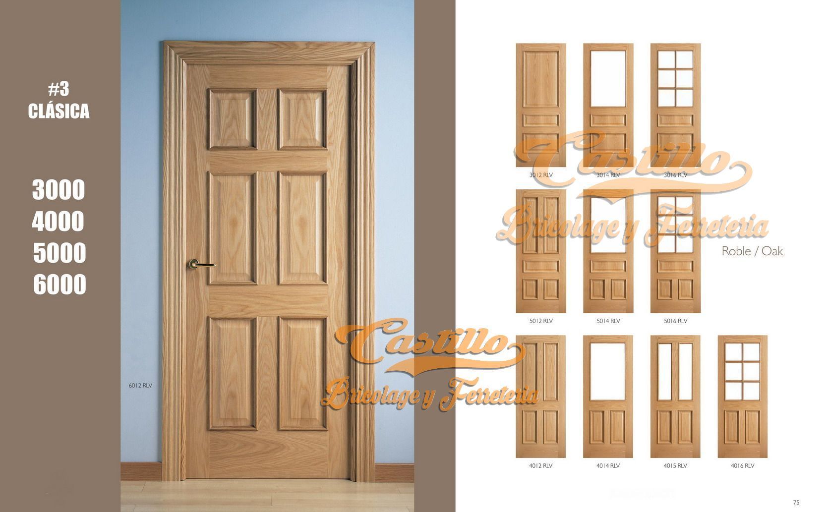 Puertas de madera en varios estilos; una puerta de panel macizo y muchas con vidrio en catálogo.